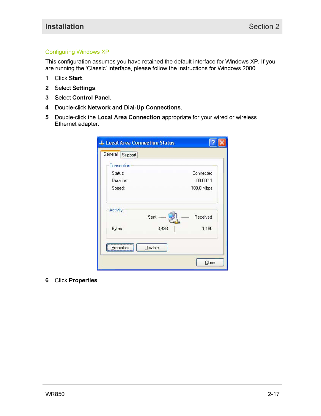 Motorola WR850GP manual Configuring Windows XP 