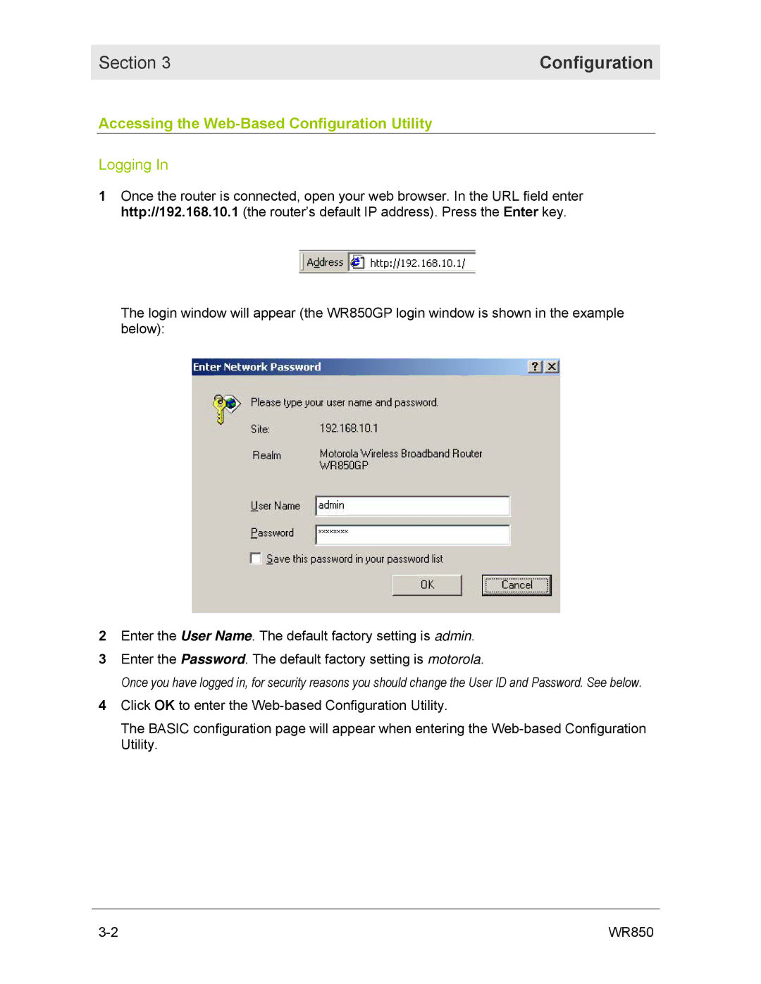 Motorola WR850GP manual Accessing the Web-Based Configuration Utility, Logging 