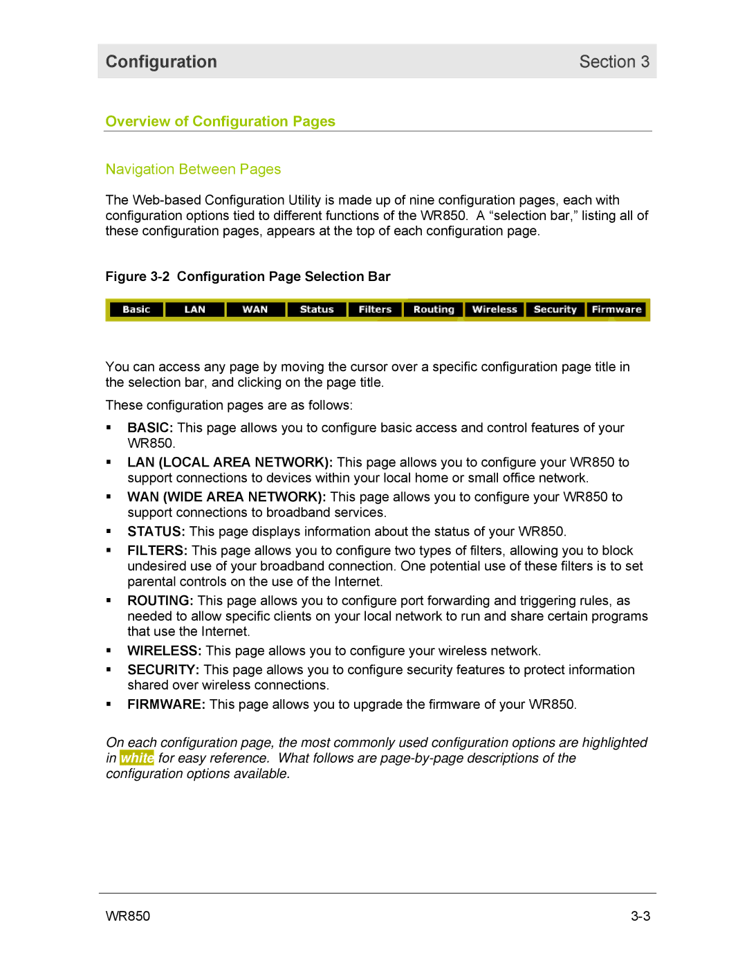 Motorola WR850GP manual Overview of Configuration Pages, Navigation Between Pages 