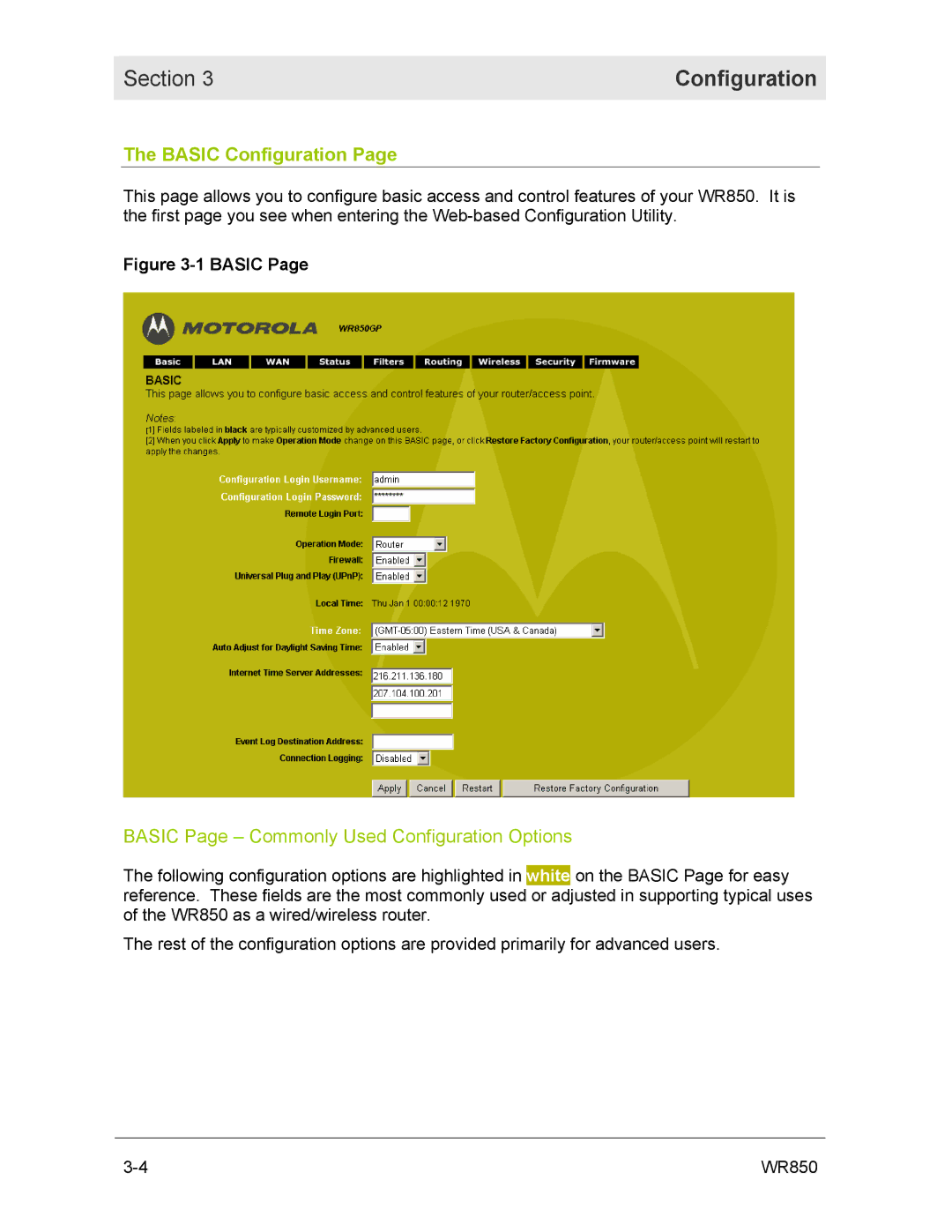 Motorola WR850GP manual Basic Configuration, Basic Page Commonly Used Configuration Options 