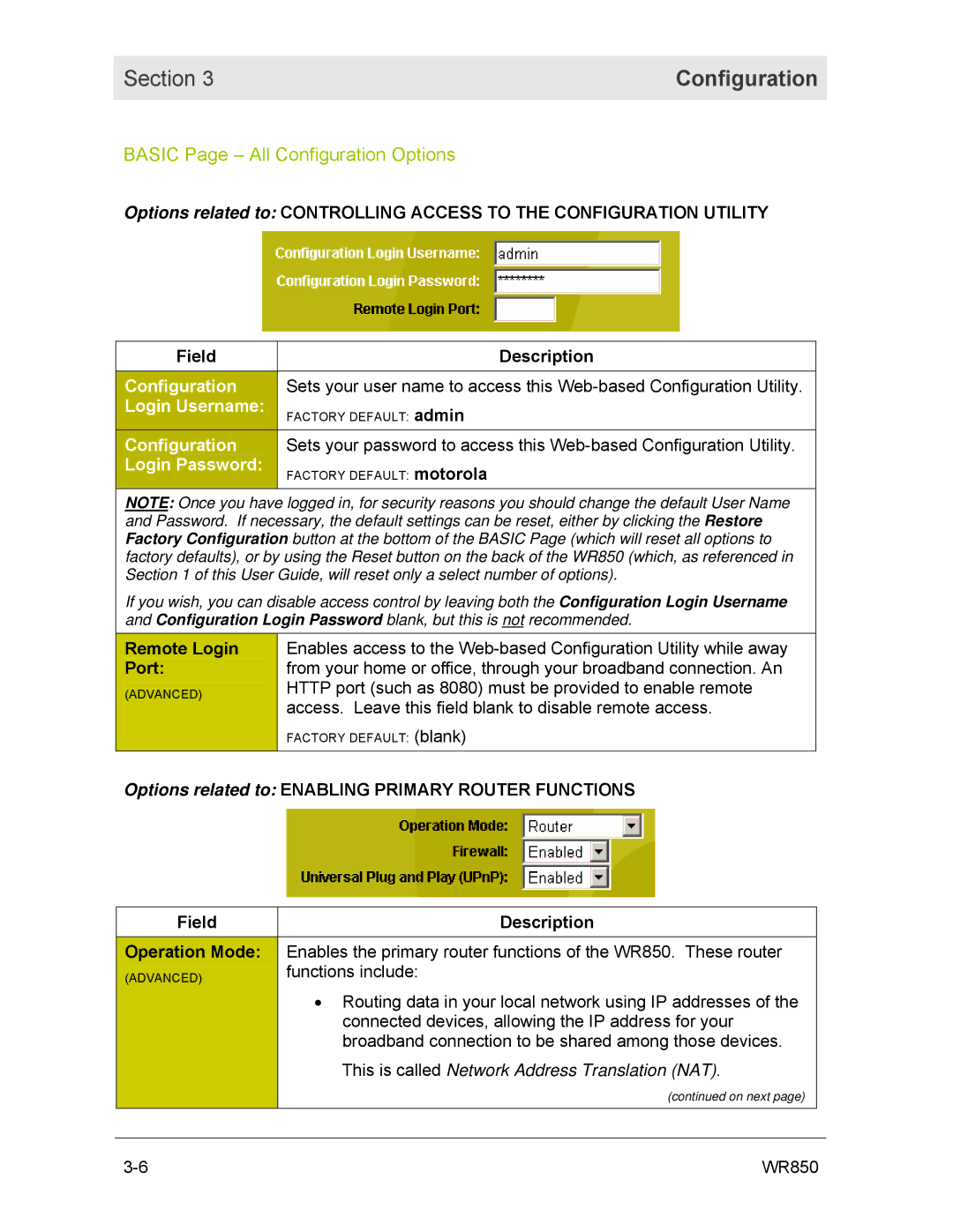 Motorola WR850GP manual Basic Page All Configuration Options, Remote Login Port 
