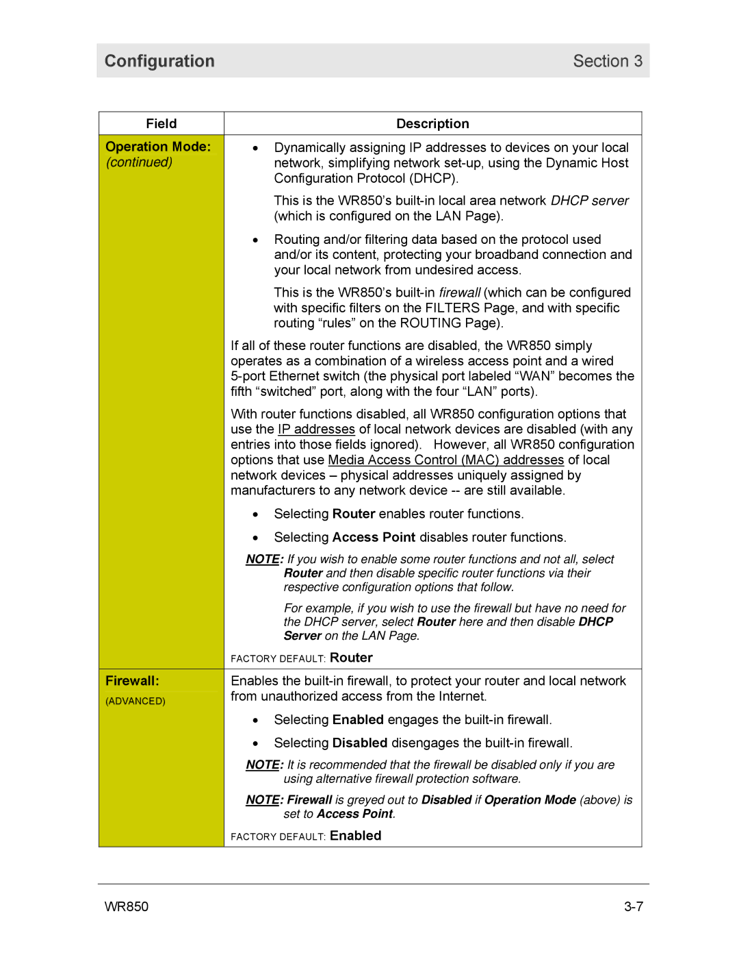 Motorola WR850GP manual Field Description Operation Mode, Firewall 