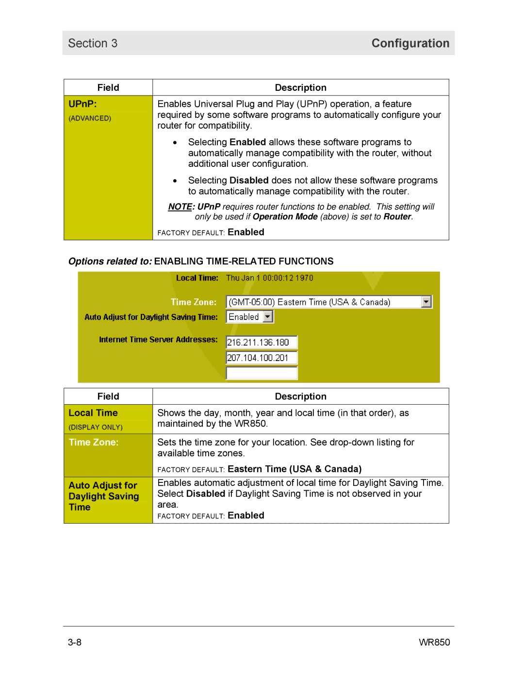 Motorola WR850GP manual Field Description UPnP, Auto Adjust for, Daylight Saving, Time 