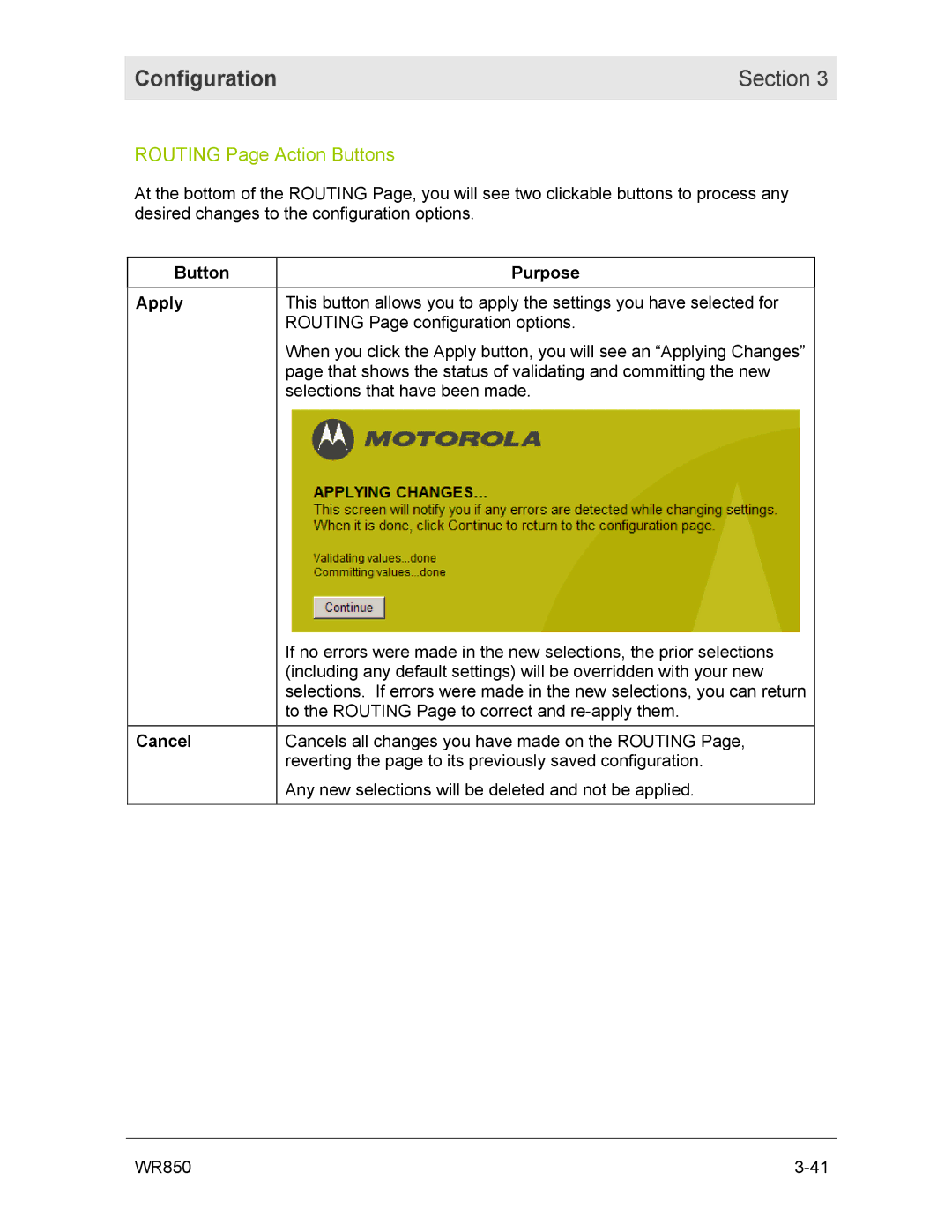 Motorola WR850GP manual Routing Page Action Buttons, Button Purpose Apply 