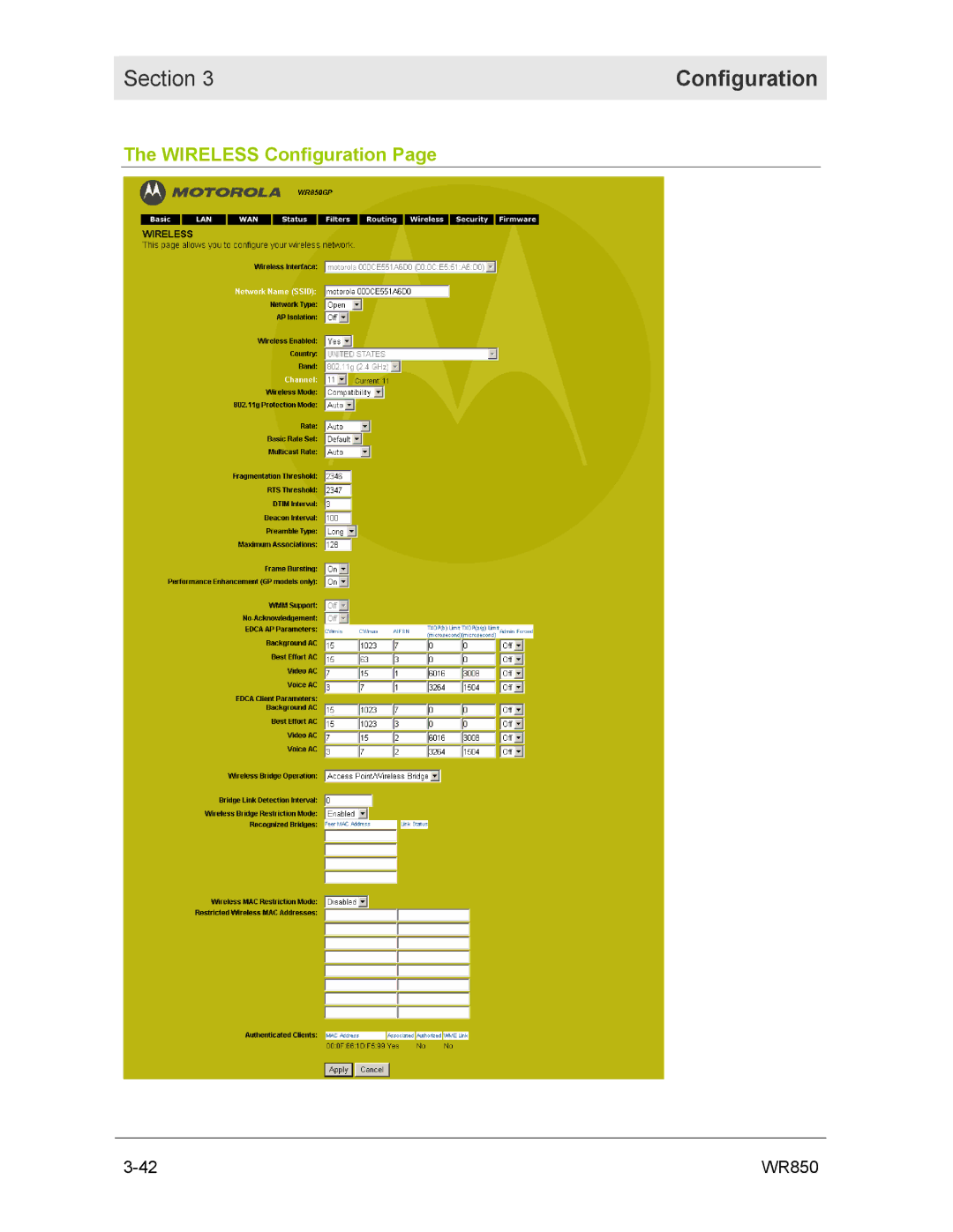 Motorola WR850GP manual Wireless Configuration 