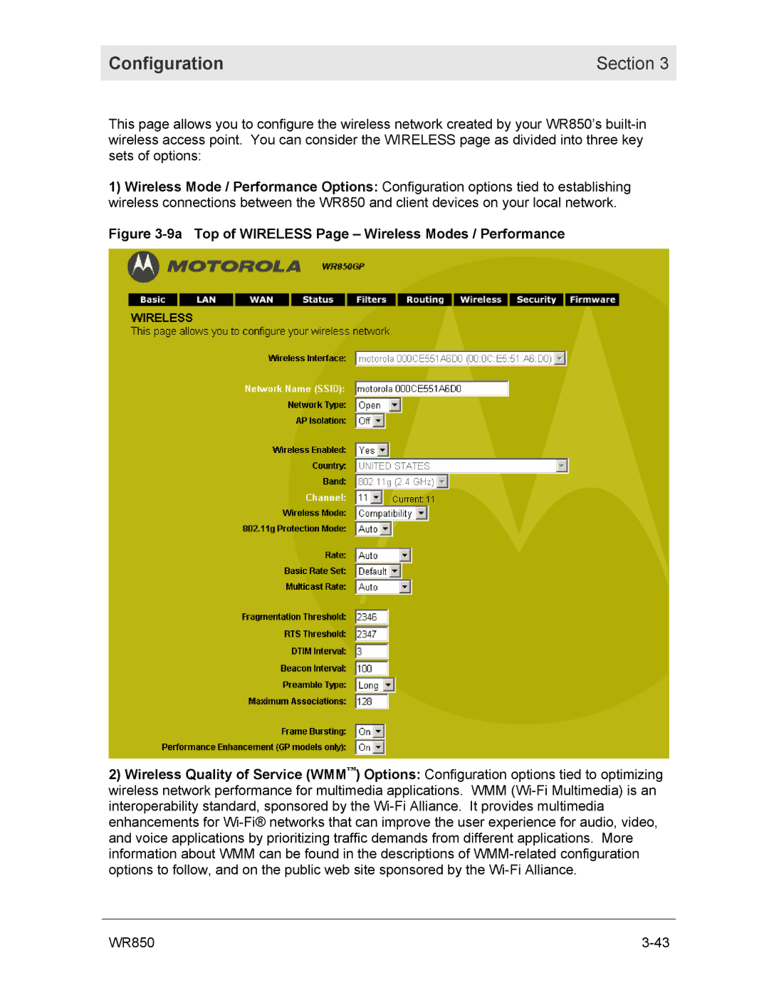 Motorola WR850GP manual 9a Top of Wireless Page Wireless Modes / Performance 