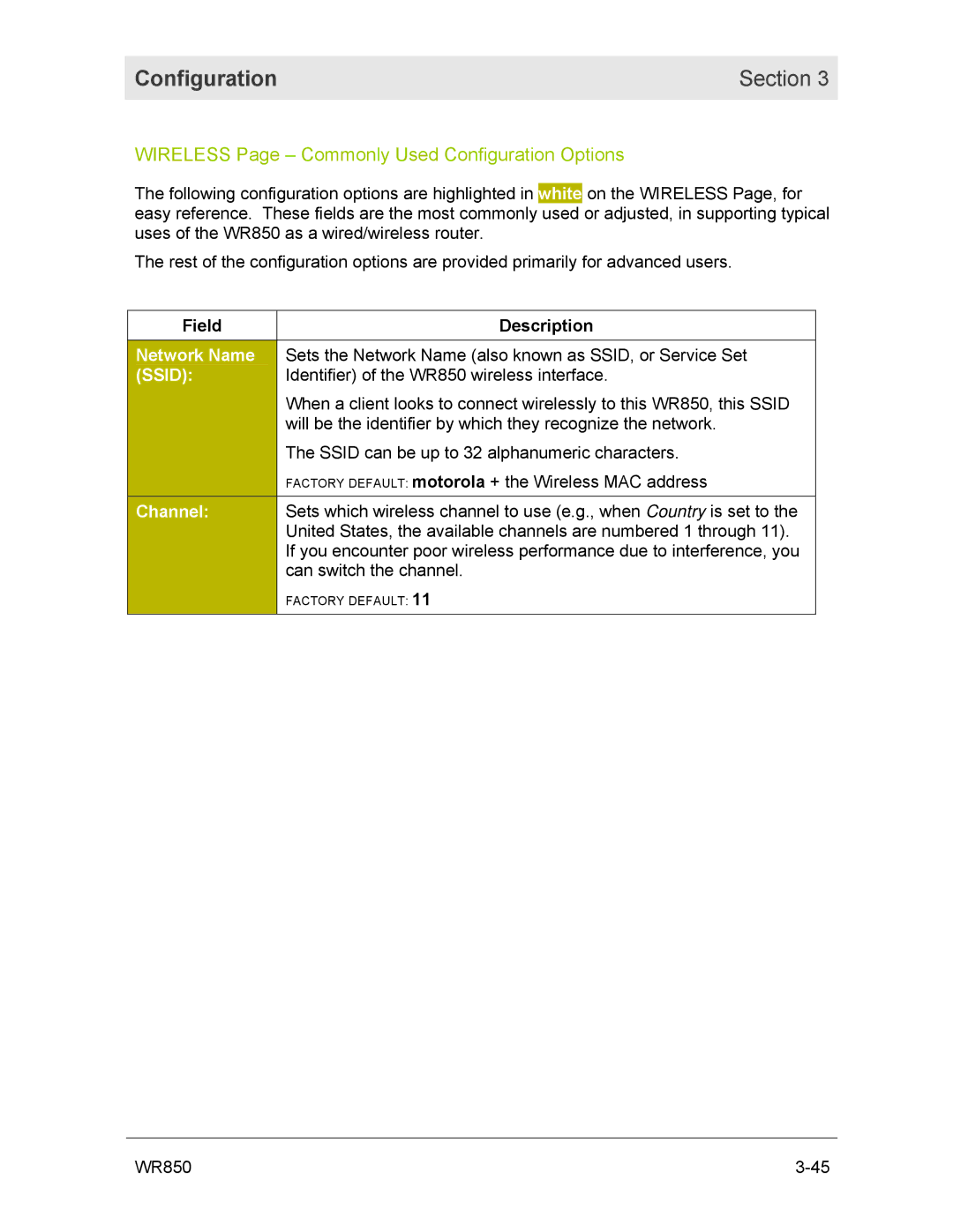 Motorola WR850GP manual Wireless Page Commonly Used Configuration Options, Ssid 