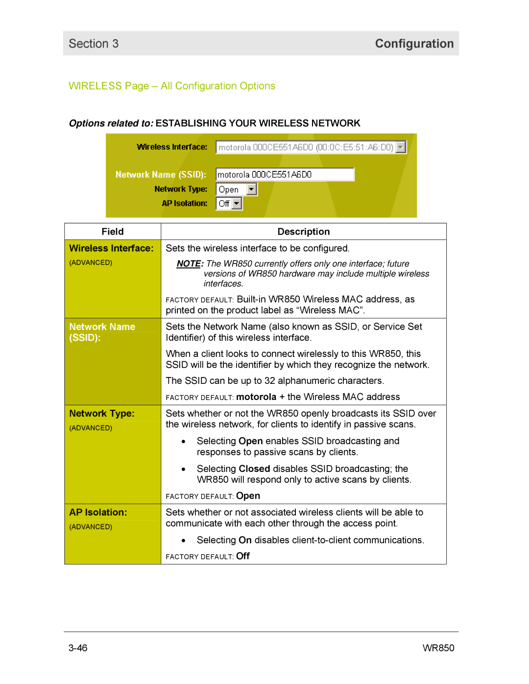 Motorola WR850GP manual Wireless Page All Configuration Options, Network Type, AP Isolation 