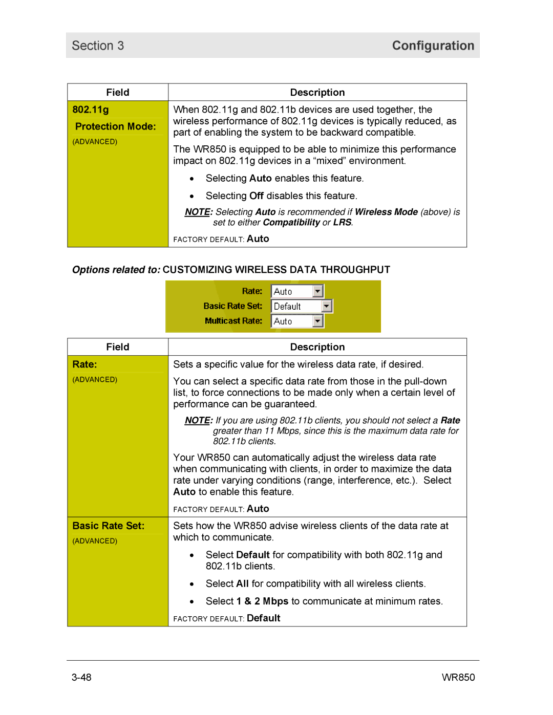 Motorola WR850GP manual Field Description 802.11g, Protection Mode, Basic Rate Set 
