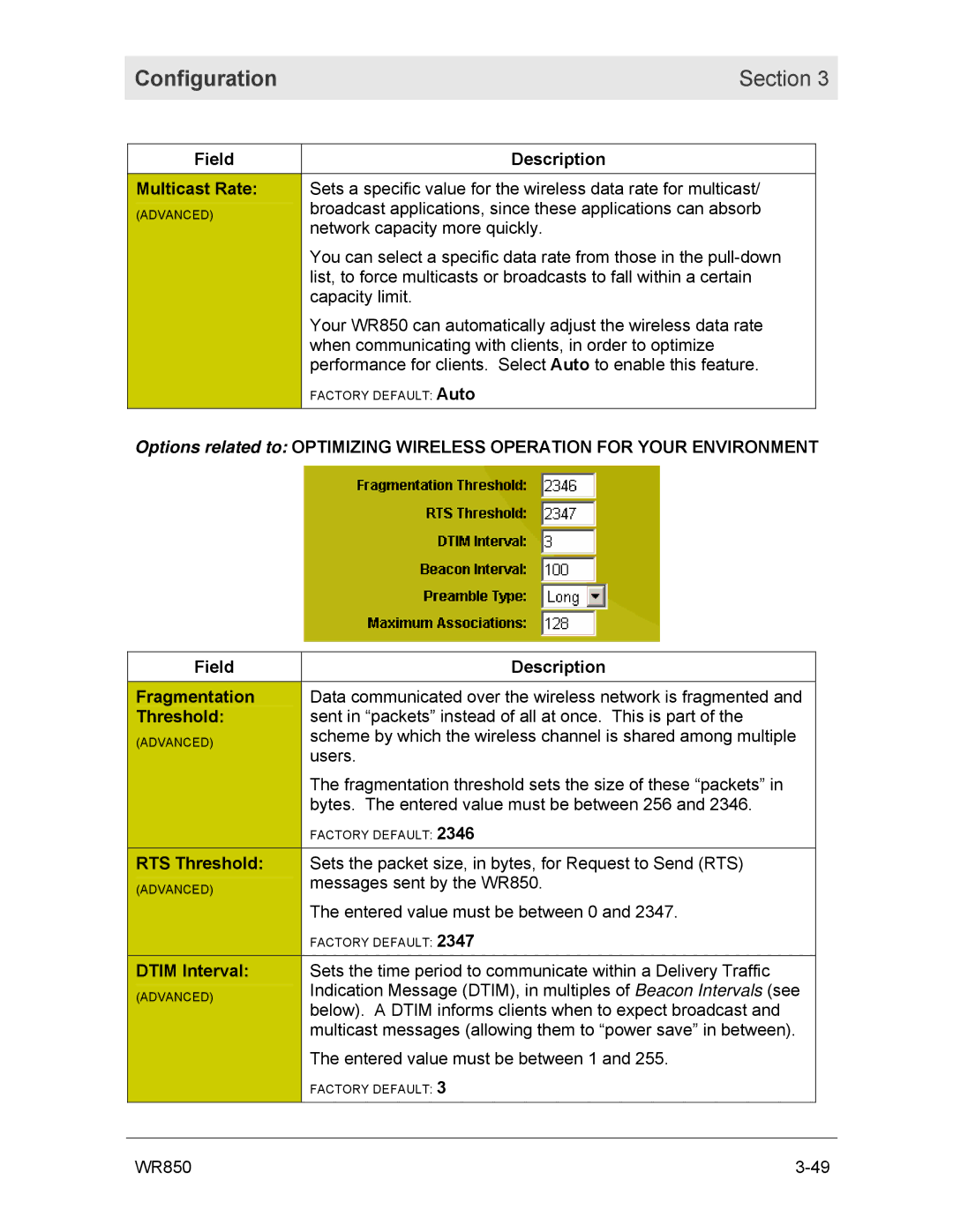 Motorola WR850GP manual Field Description Multicast Rate, RTS Threshold, Dtim Interval 