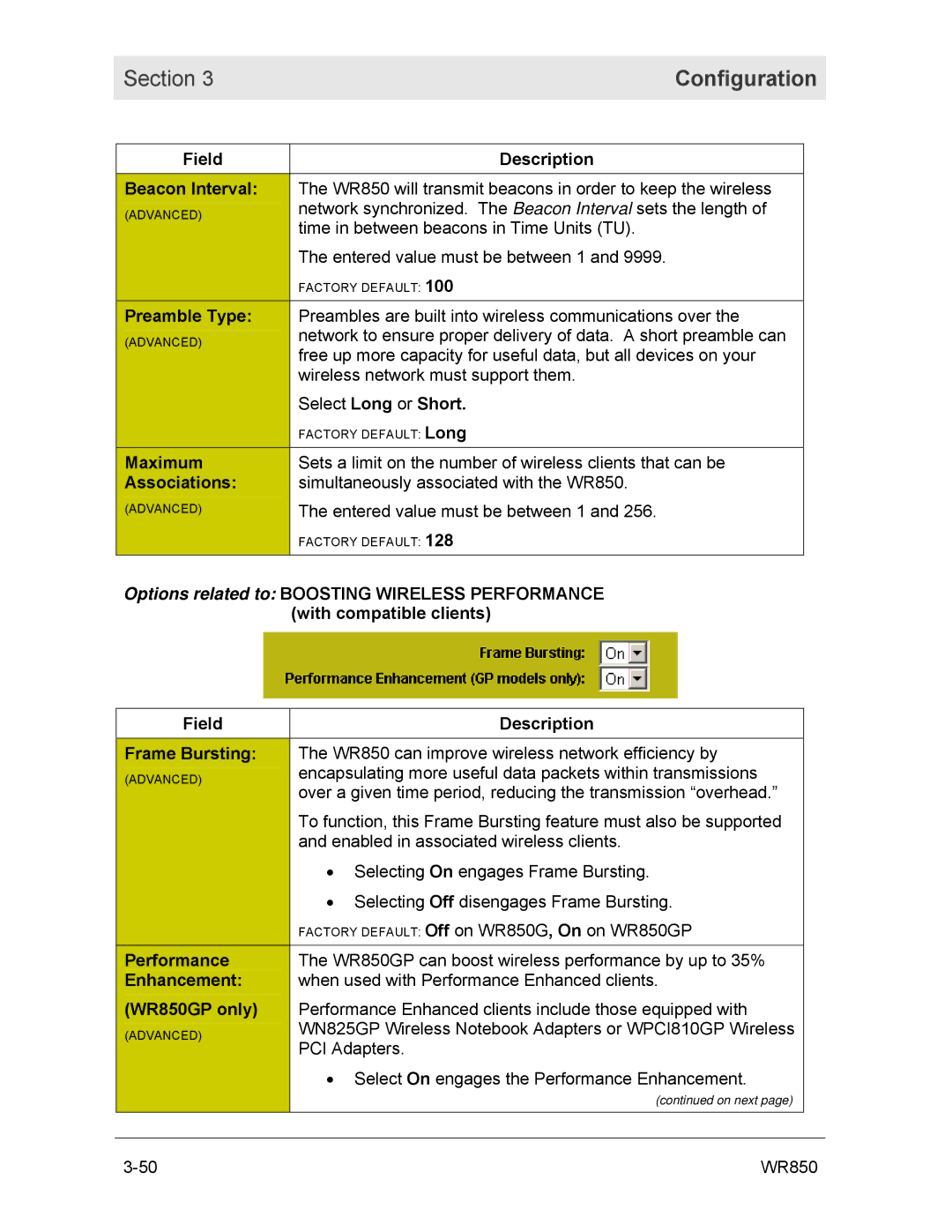 Motorola WR850GP manual Field Description Beacon Interval, Preamble Type, Select Long or Short, Maximum, Associations 