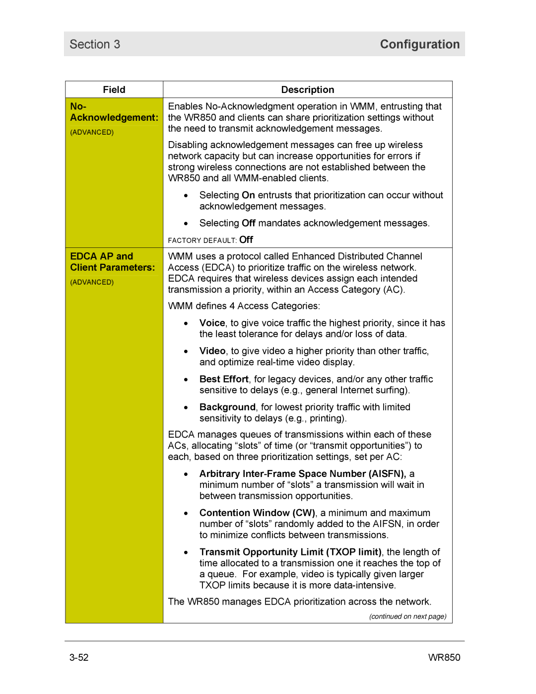 Motorola WR850GP manual Acknowledgement, Edca AP, Client Parameters, Arbitrary Inter-Frame Space Number AISFN, a 