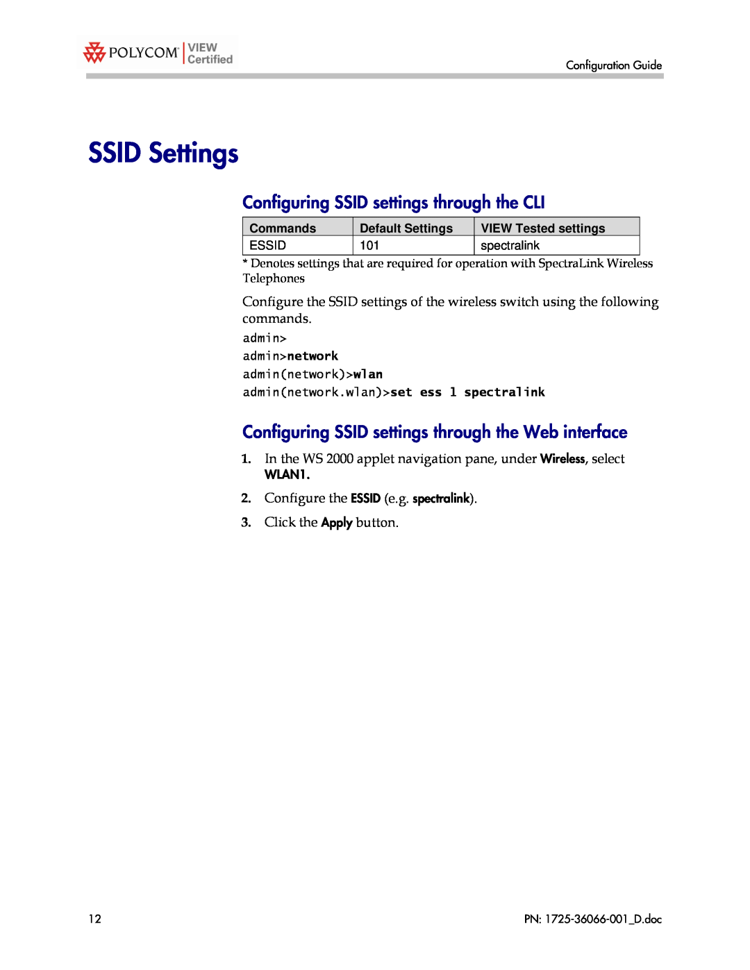 Motorola WS 2000 with AP 300 manual SSID Settings, Configuring SSID settings through the CLI 