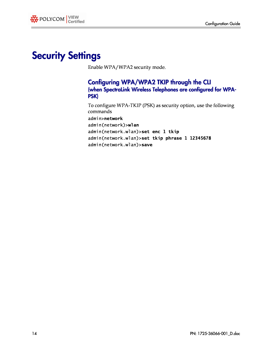 Motorola WS 2000 with AP 300 manual Security Settings, Configuring WPA/WPA2 TKIP through the CLI, admin network 