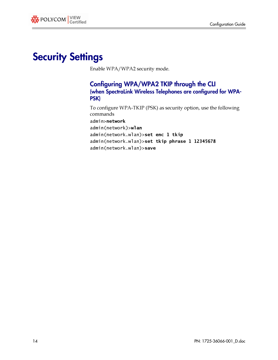 Motorola WS 2000 with AP 300 manual Security Settings, Configuring WPA/WPA2 Tkip through the CLI 