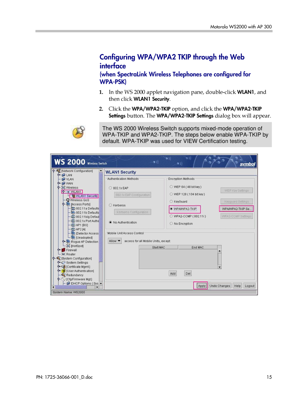 Motorola WS 2000 with AP 300 manual Configuring WPA/WPA2 Tkip through the Web interface 