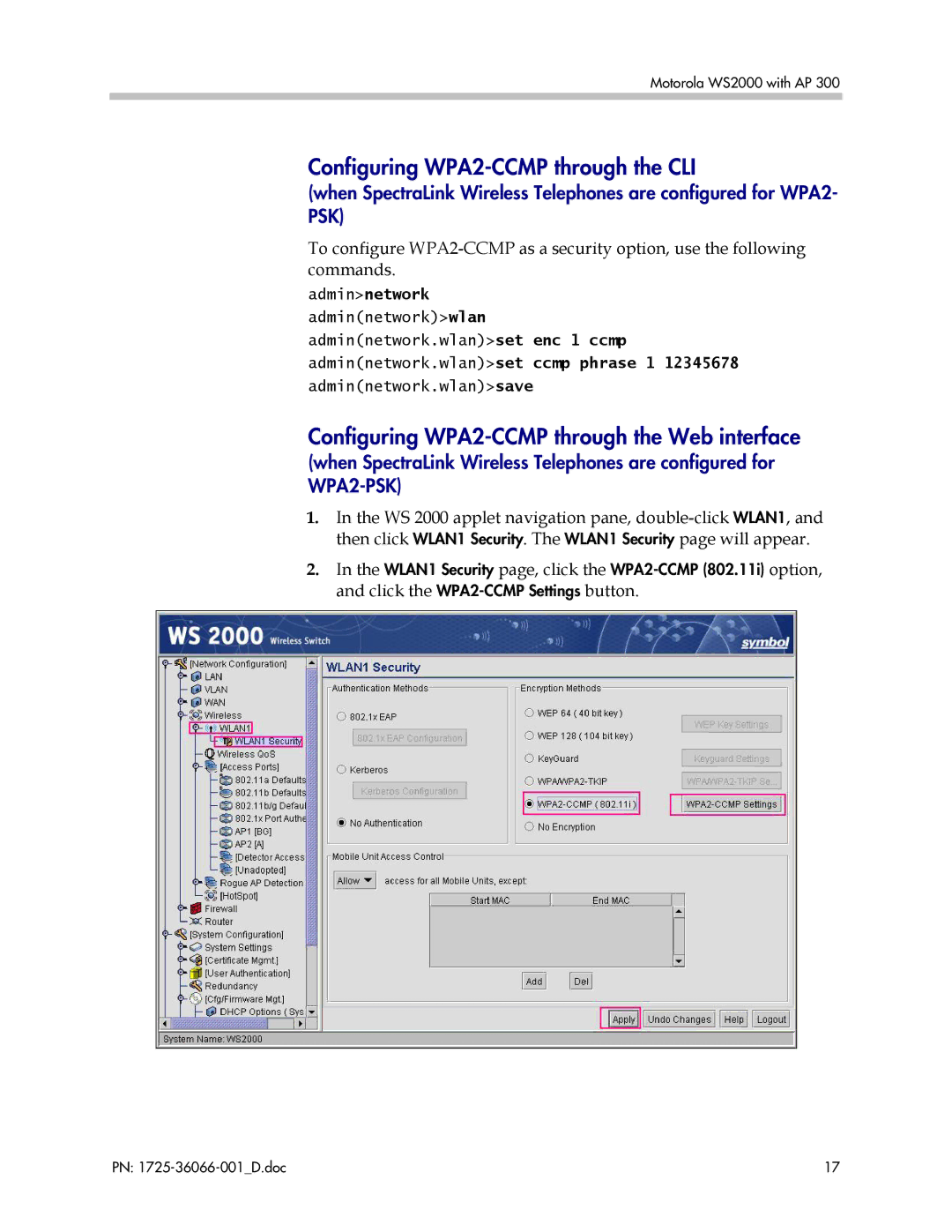 Motorola WS 2000 with AP 300 manual Configuring WPA2-CCMP through the CLI, Configuring WPA2-CCMP through the Web interface 