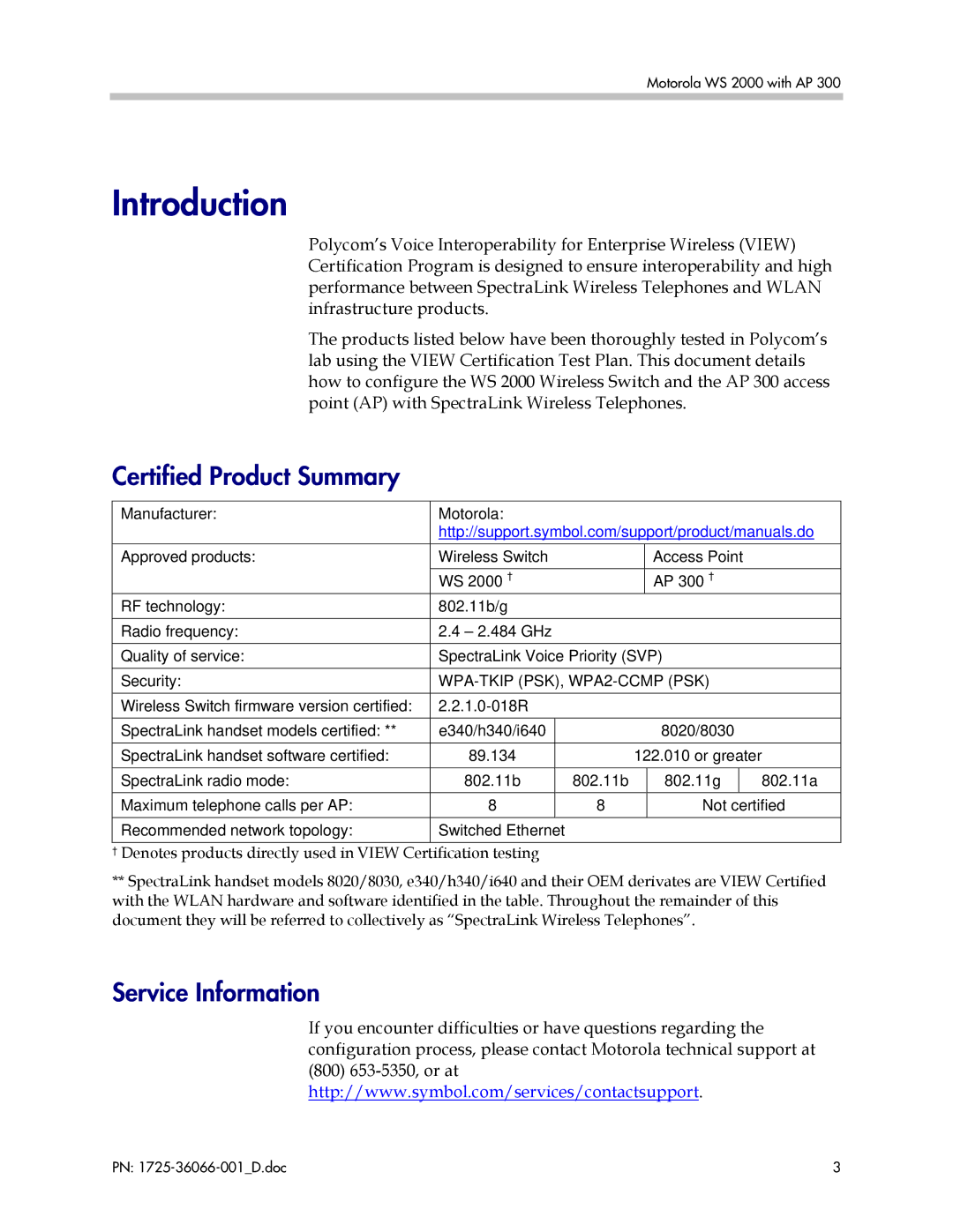 Motorola WS 2000 with AP 300 manual Introduction, Certified Product Summary 