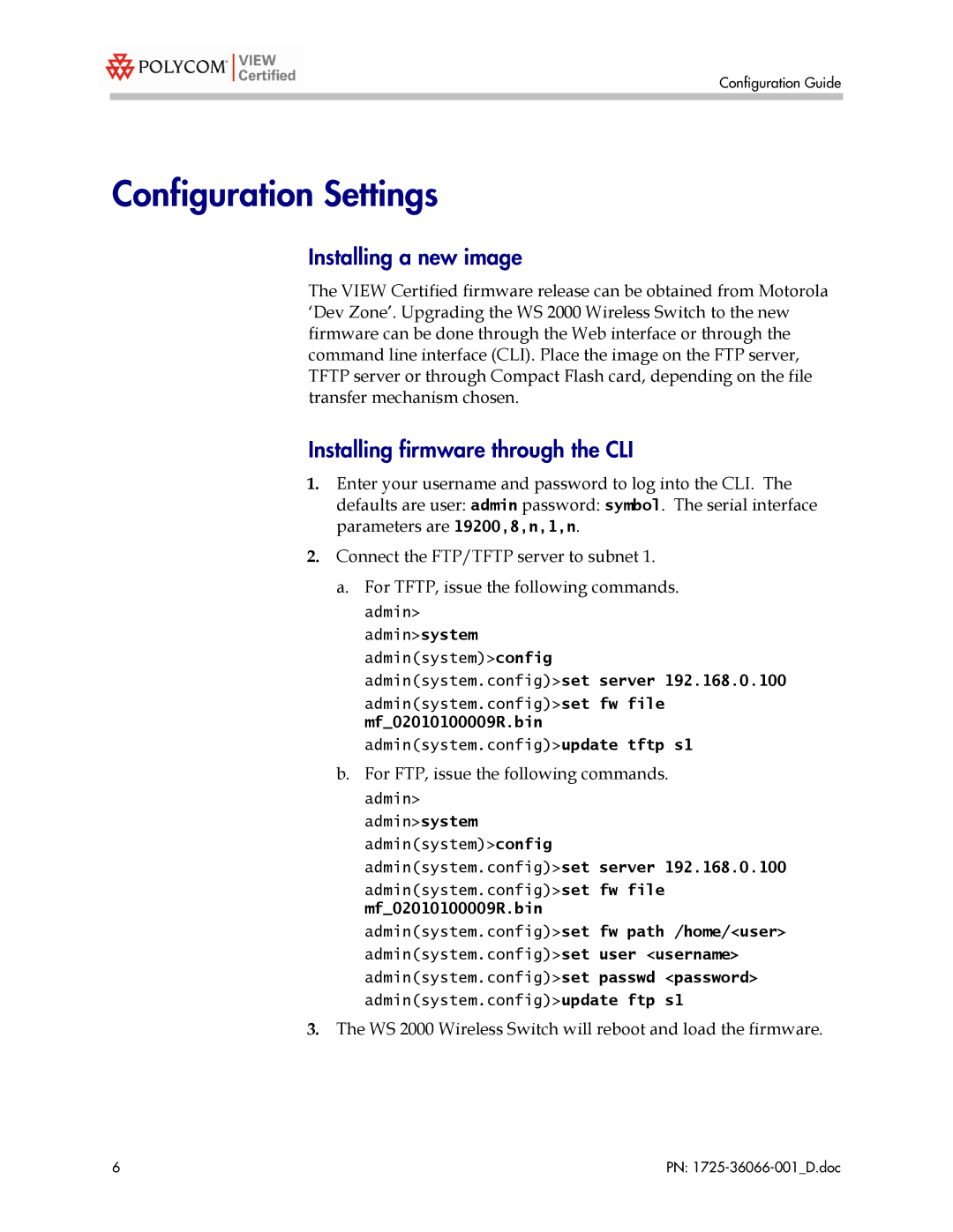 Motorola WS 2000 with AP 300 manual Configuration Settings, Installing a new image, Installing firmware through the CLI 