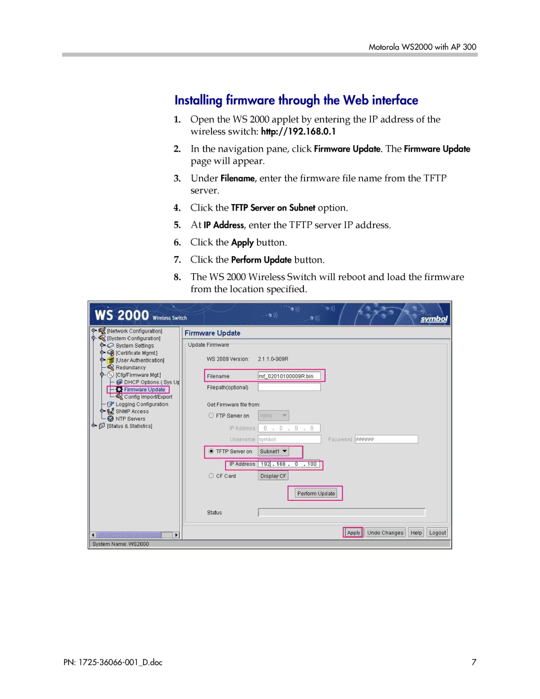 Motorola WS 2000 with AP 300 manual Installing firmware through the Web interface 