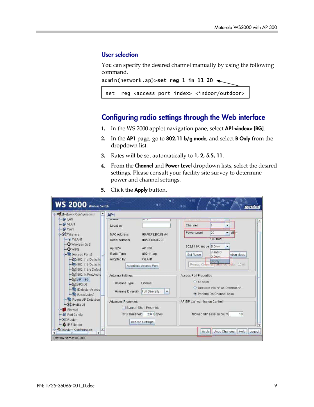 Motorola WS 2000 with AP 300 manual Configuring radio settings through the Web interface, User selection 