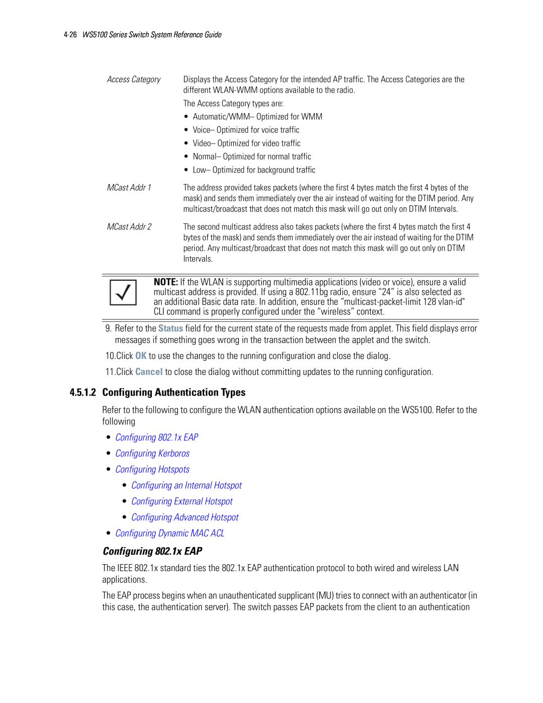 Motorola WS5100 manual 4.5.1.2Configuring Authentication Types, Configuring 802.1x EAP, •Configuring Hotspots 