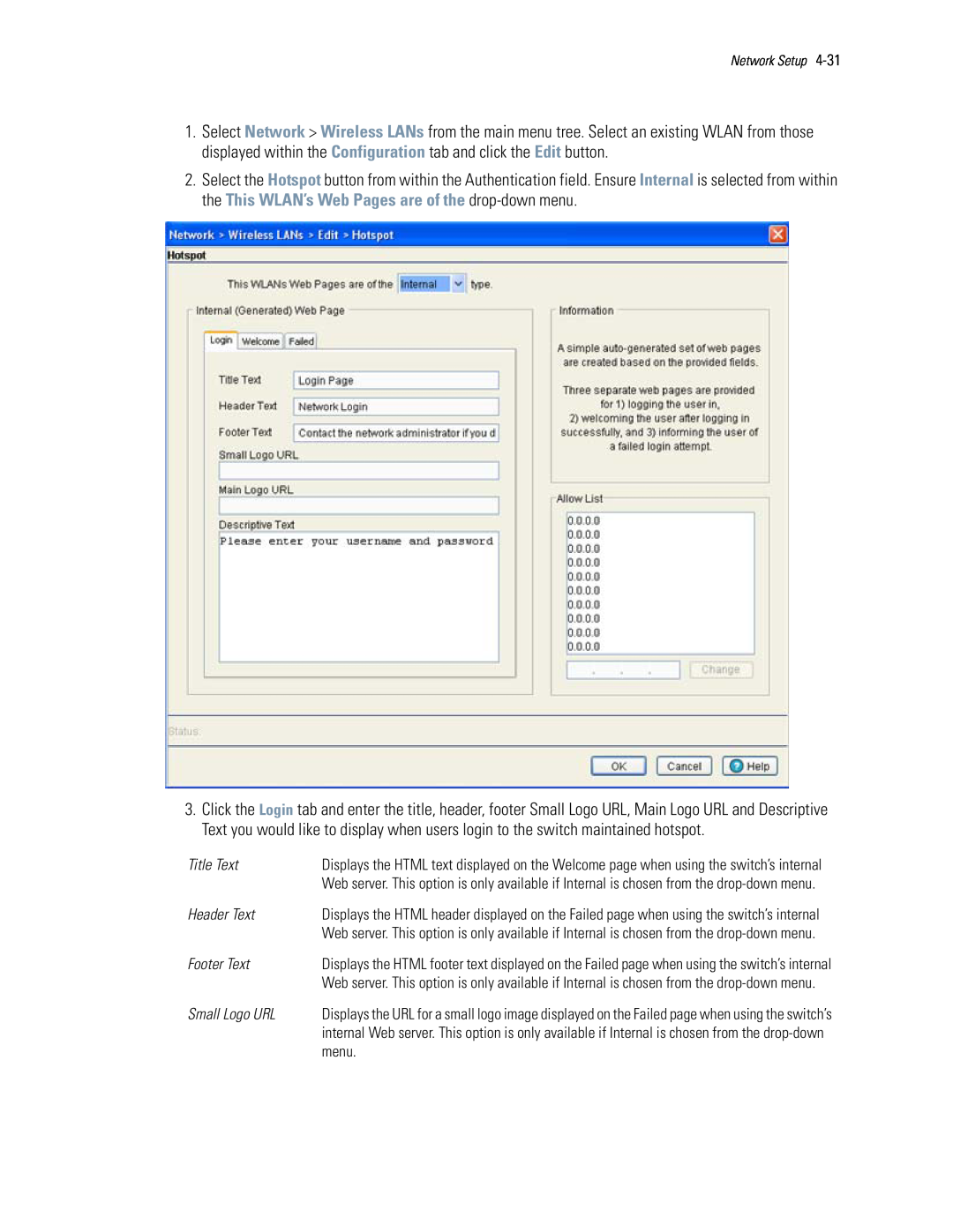 Motorola WS5100 manual Title Text, Header Text, Footer Text, Small Logo URL, menu, Network Setup 