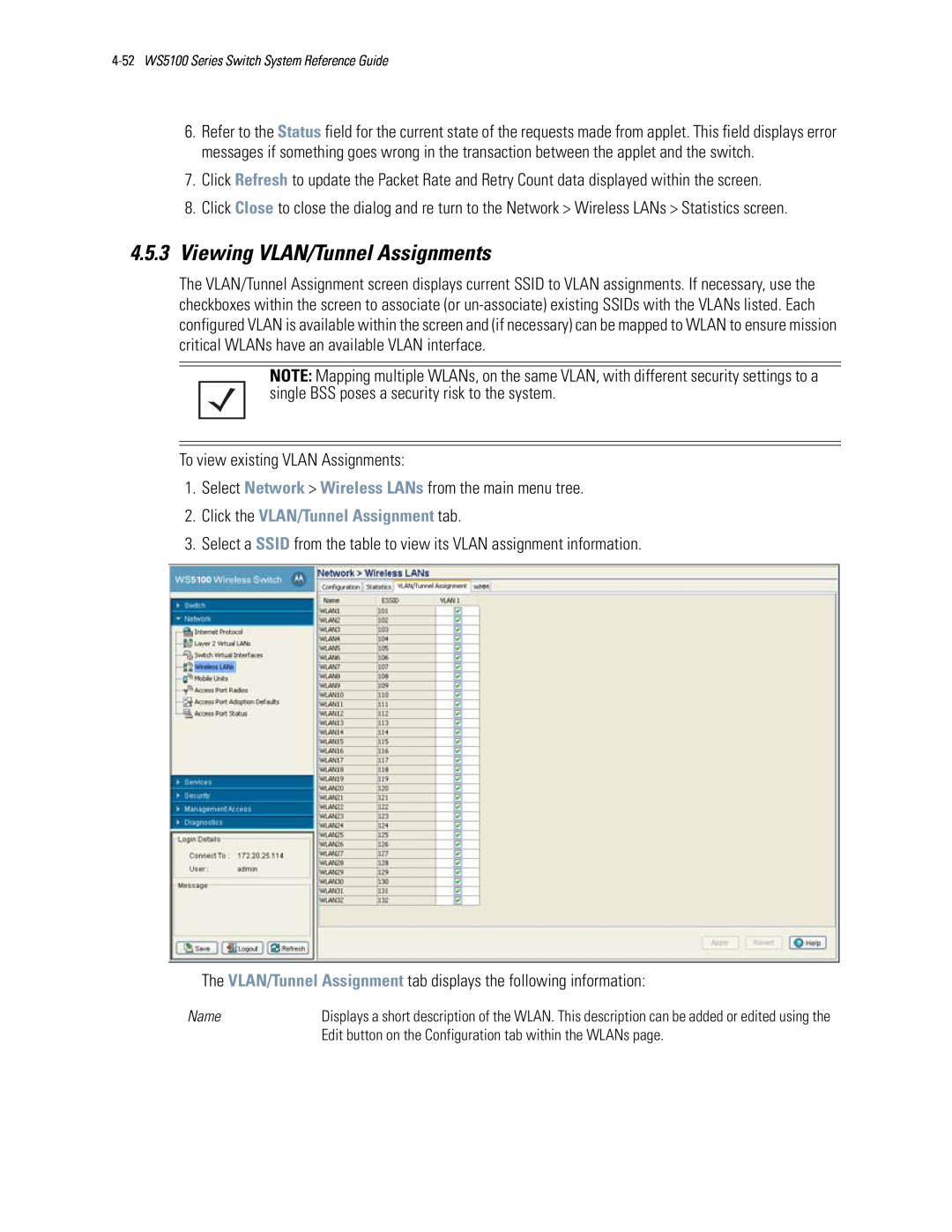 Motorola WS5100 manual 4.5.3Viewing VLAN/Tunnel Assignments, Click the VLAN/Tunnel Assignment tab 