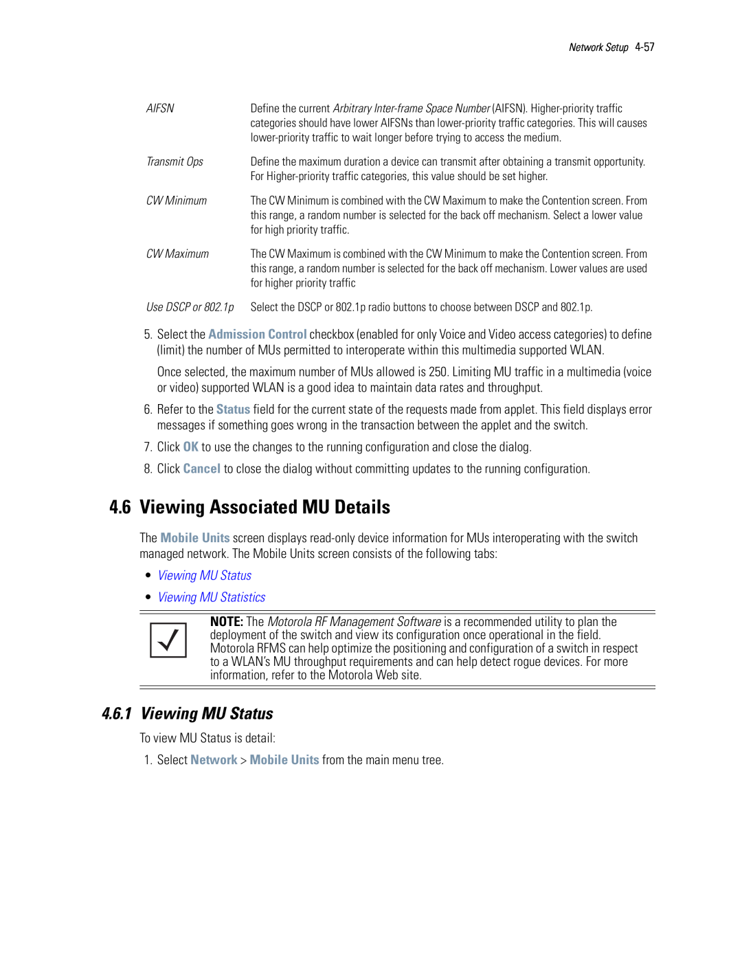 Motorola WS5100 manual 4.6Viewing Associated MU Details, •Viewing MU Status •Viewing MU Statistics 