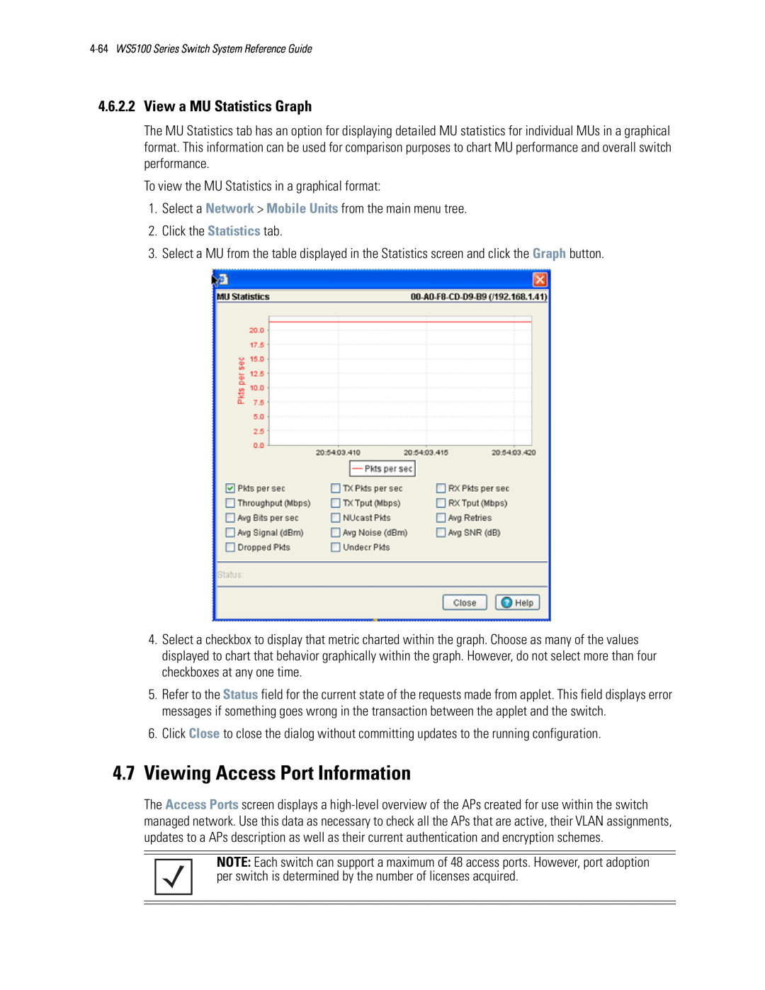 Motorola WS5100 manual 4.7Viewing Access Port Information, 4.6.2.2View a MU Statistics Graph 
