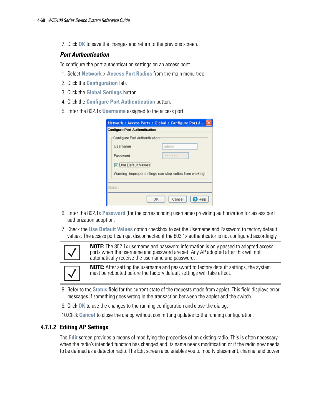 Motorola WS5100 manual Editing AP Settings, Click the Configure Port Authentication button 
