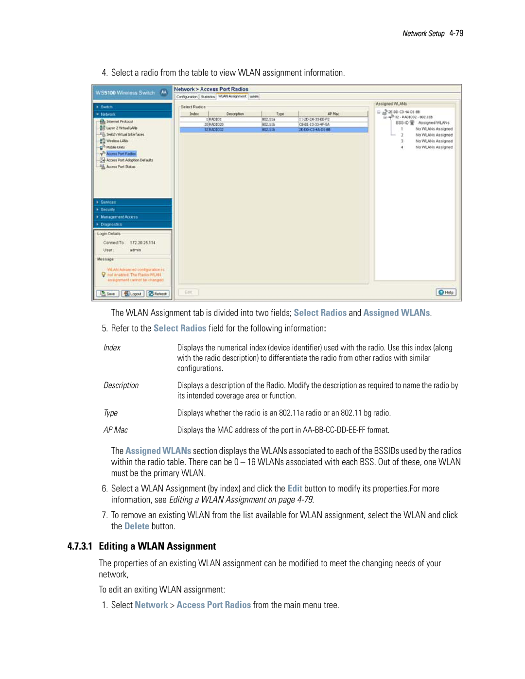 Motorola WS5100 manual 4.7.3.1Editing a WLAN Assignment 