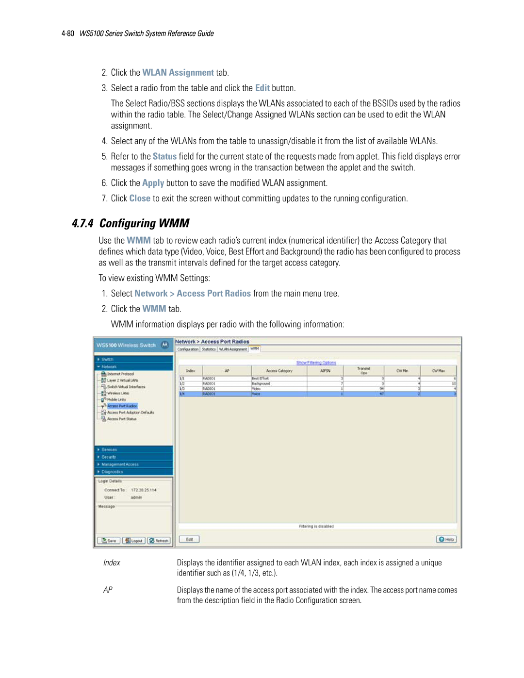 Motorola WS5100 manual 4.7.4Configuring WMM, Click the WLAN Assignment tab 