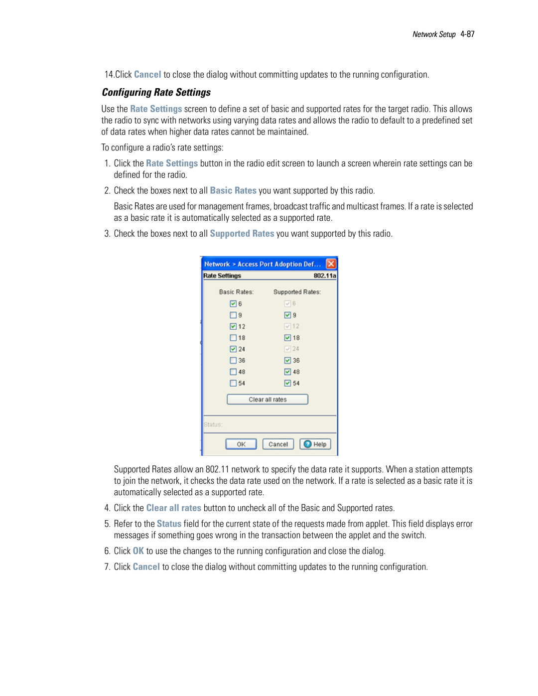 Motorola WS5100 manual Configuring Rate Settings, To configure a radio’s rate settings 