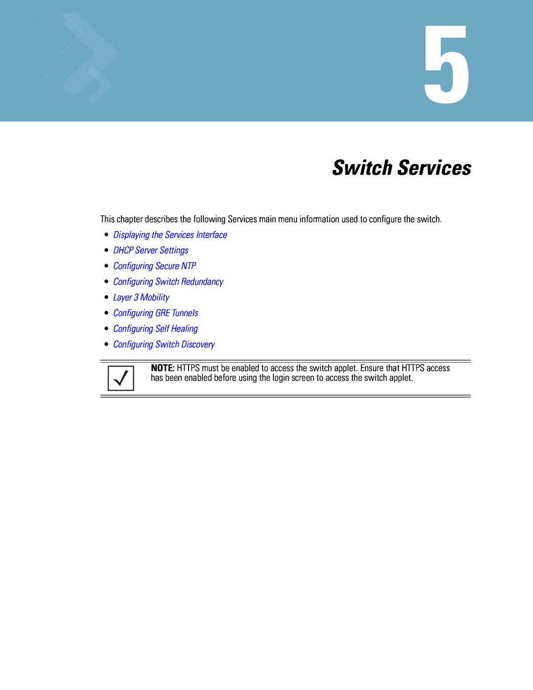 Motorola WS5100 manual Switch Services, •Displaying the Services Interface, •DHCP Server Settings •Configuring Secure NTP 