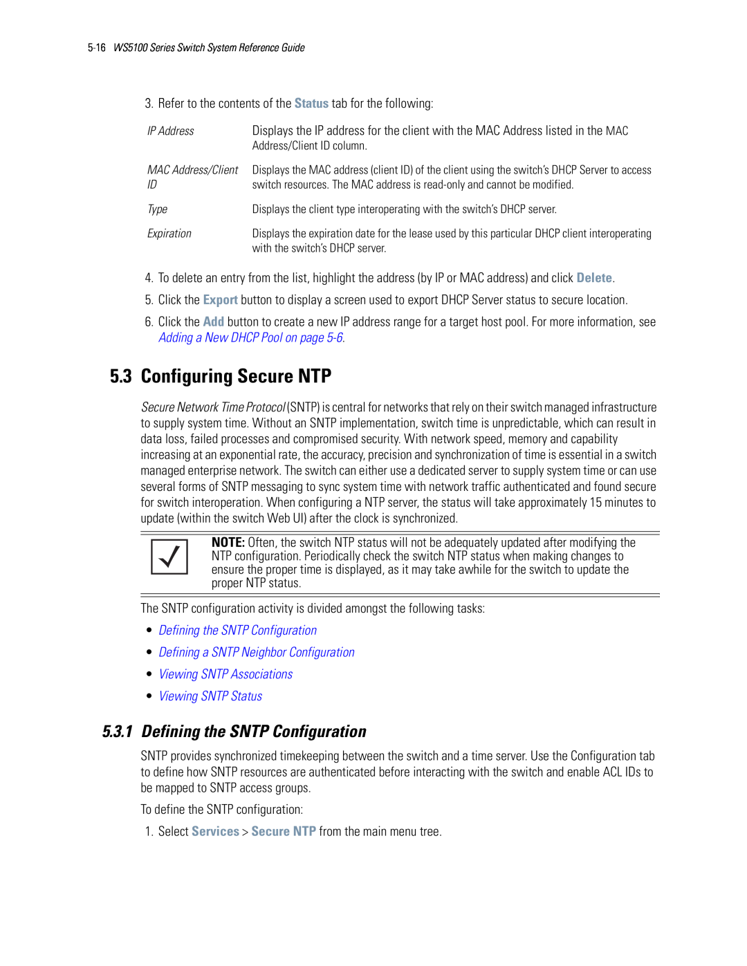 Motorola WS5100 manual 5.3Configuring Secure NTP, 5.3.1Defining the SNTP Configuration, •Defining the SNTP Configuration 
