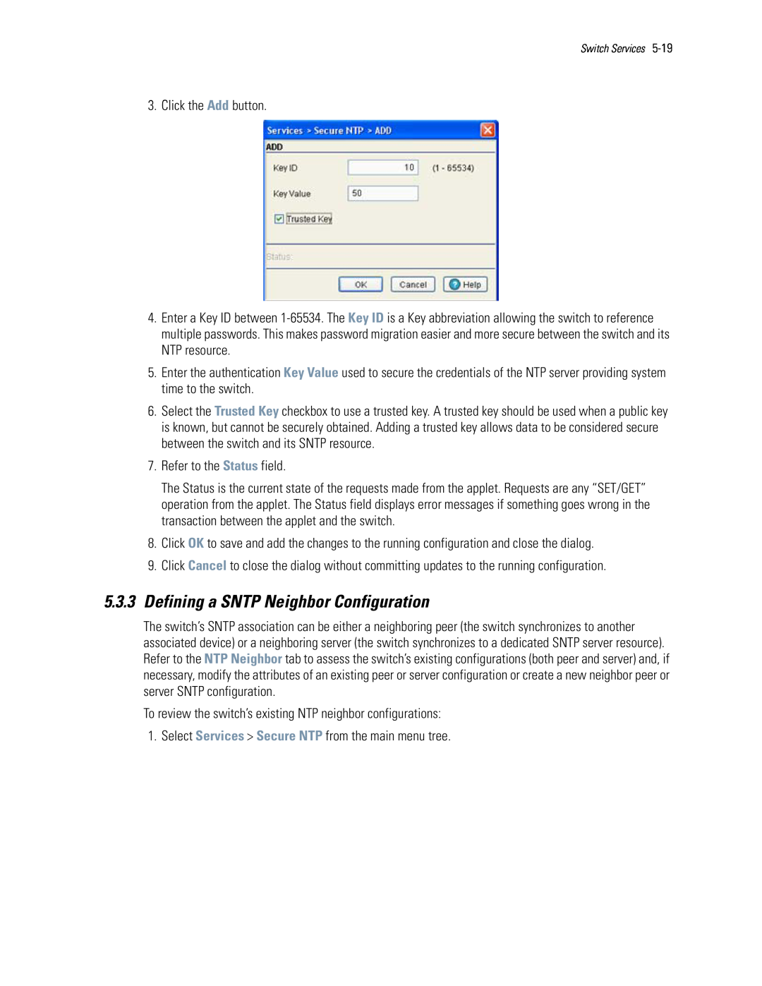 Motorola WS5100 manual 5.3.3Defining a SNTP Neighbor Configuration 