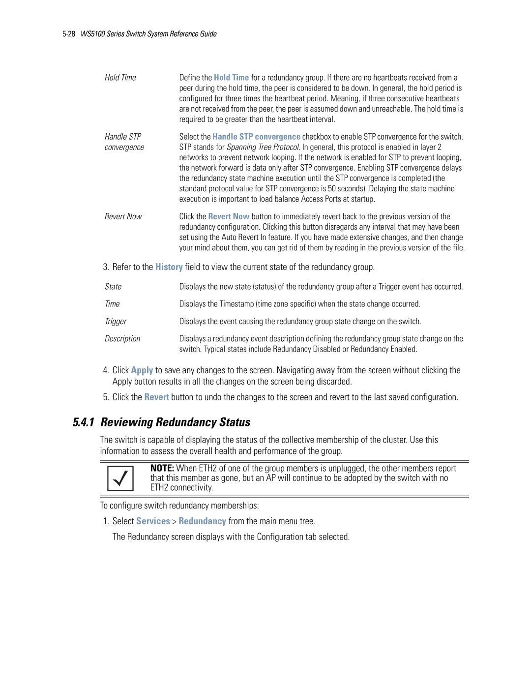 Motorola WS5100 manual 5.4.1Reviewing Redundancy Status 