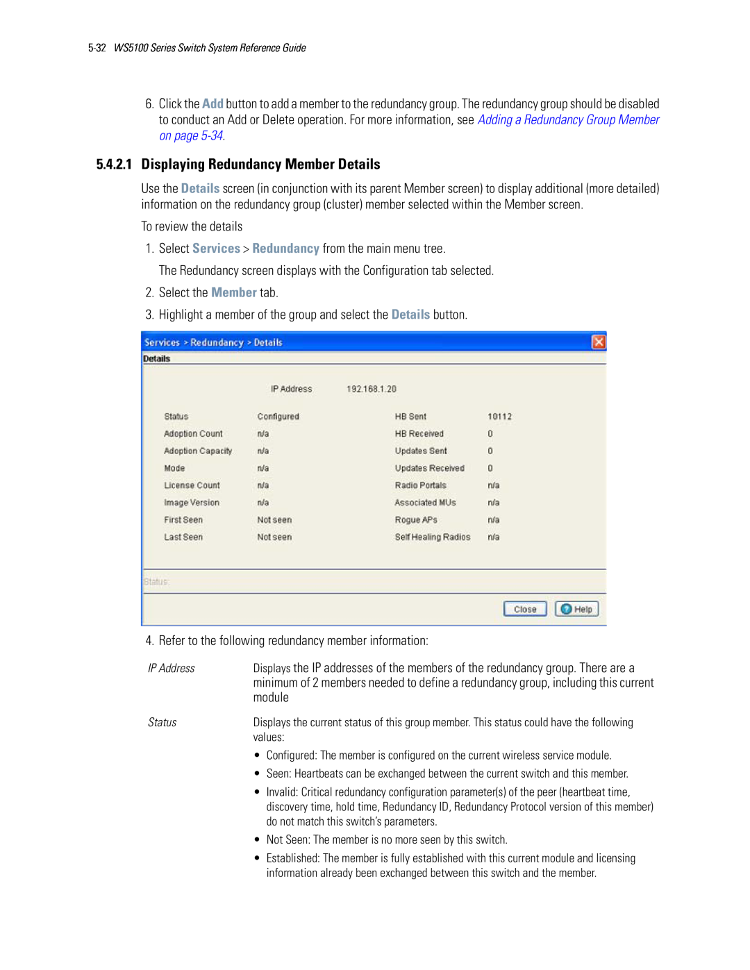Motorola WS5100 manual 5.4.2.1Displaying Redundancy Member Details, module 