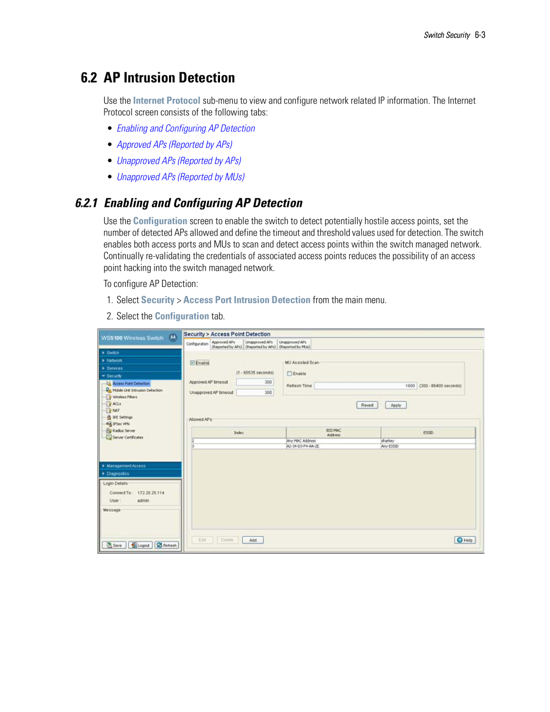 Motorola WS5100 AP Intrusion Detection, 6.2.1Enabling and Configuring AP Detection, •Enabling and Configuring AP Detection 