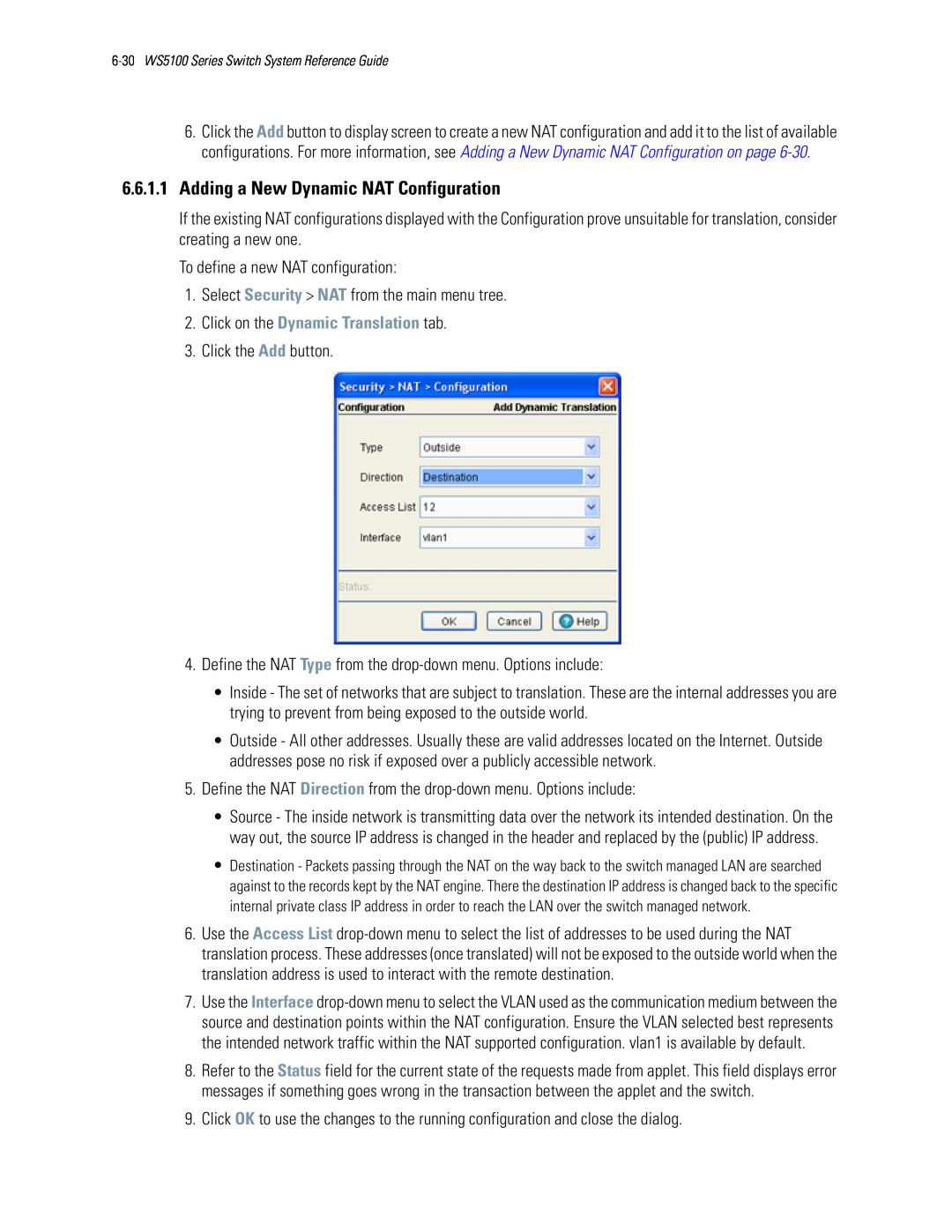 Motorola WS5100 manual 6.6.1.1Adding a New Dynamic NAT Configuration, Click on the Dynamic Translation tab 