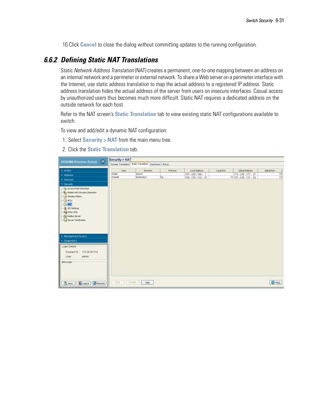 Motorola WS5100 manual Defining Static NAT Translations, Click the Static Translation tab 