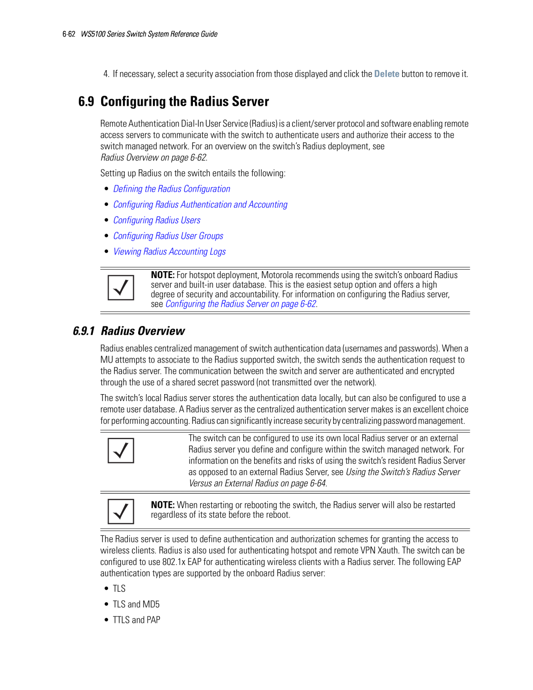 Motorola WS5100 manual 6.9Configuring the Radius Server, Radius Overview on page, •Defining the Radius Configuration 