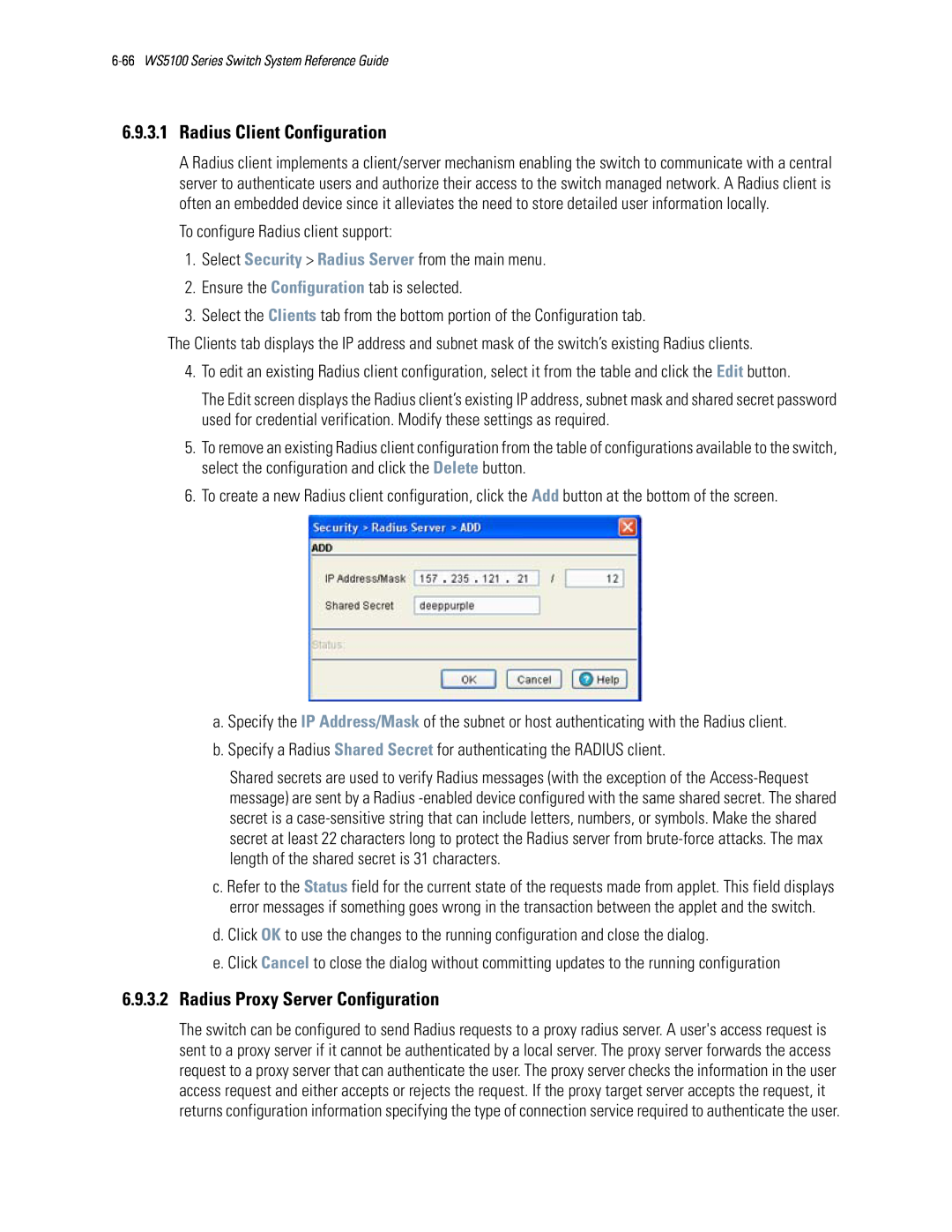 Motorola WS5100 manual 6.9.3.1Radius Client Configuration, 6.9.3.2Radius Proxy Server Configuration 