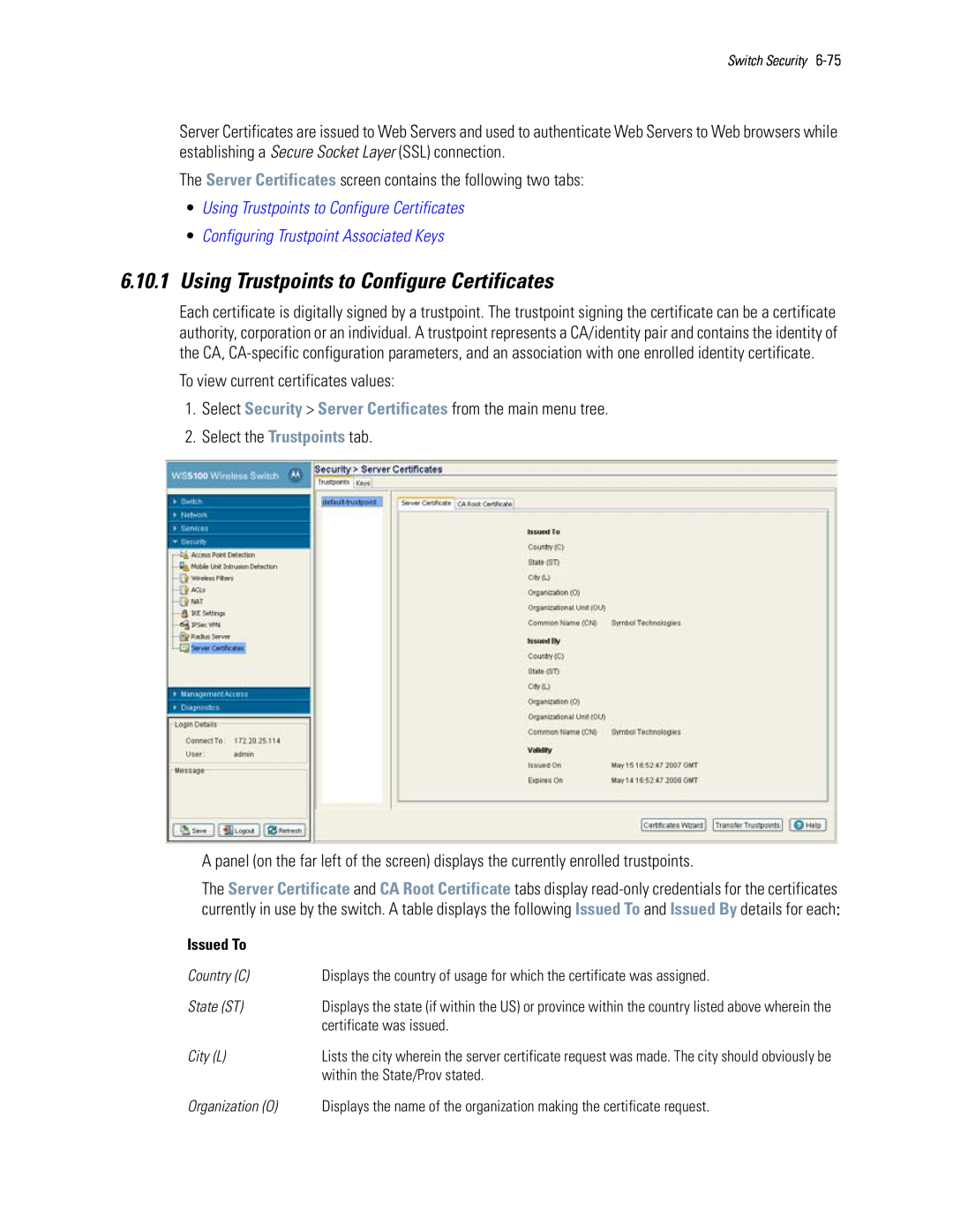 Motorola WS5100 manual 6.10.1Using Trustpoints to Configure Certificates, •Using Trustpoints to Configure Certificates 