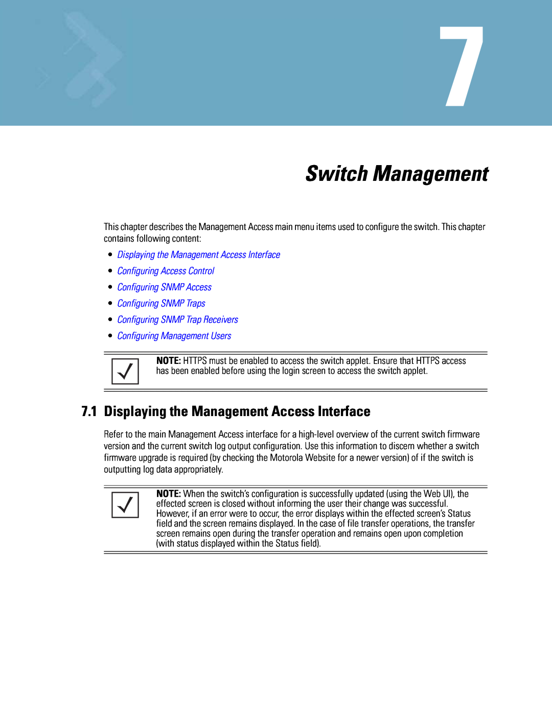 Motorola WS5100 manual Switch Management, •Displaying the Management Access Interface, •Configuring Access Control 