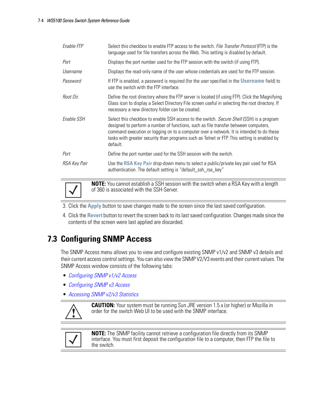 Motorola WS5100 manual 7.3Configuring SNMP Access, •Configuring SNMP v1/v2 Access, •Configuring SNMP v3 Access 