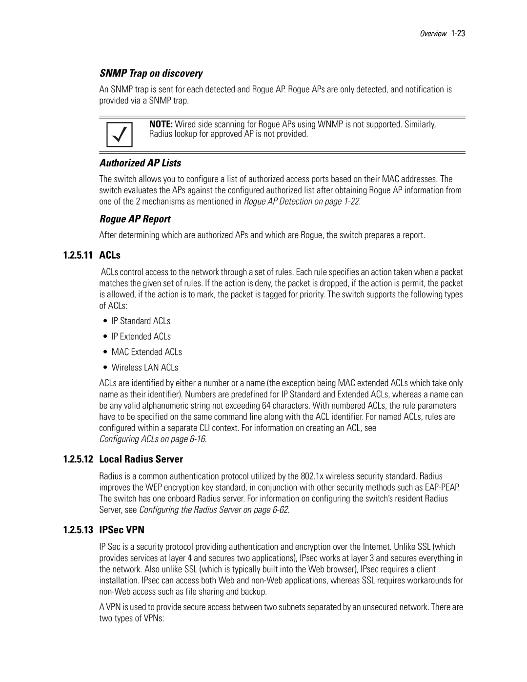 Motorola WS5100 manual SNMP Trap on discovery, Authorized AP Lists, Rogue AP Report, ACLs, 1.2.5.12Local Radius Server 