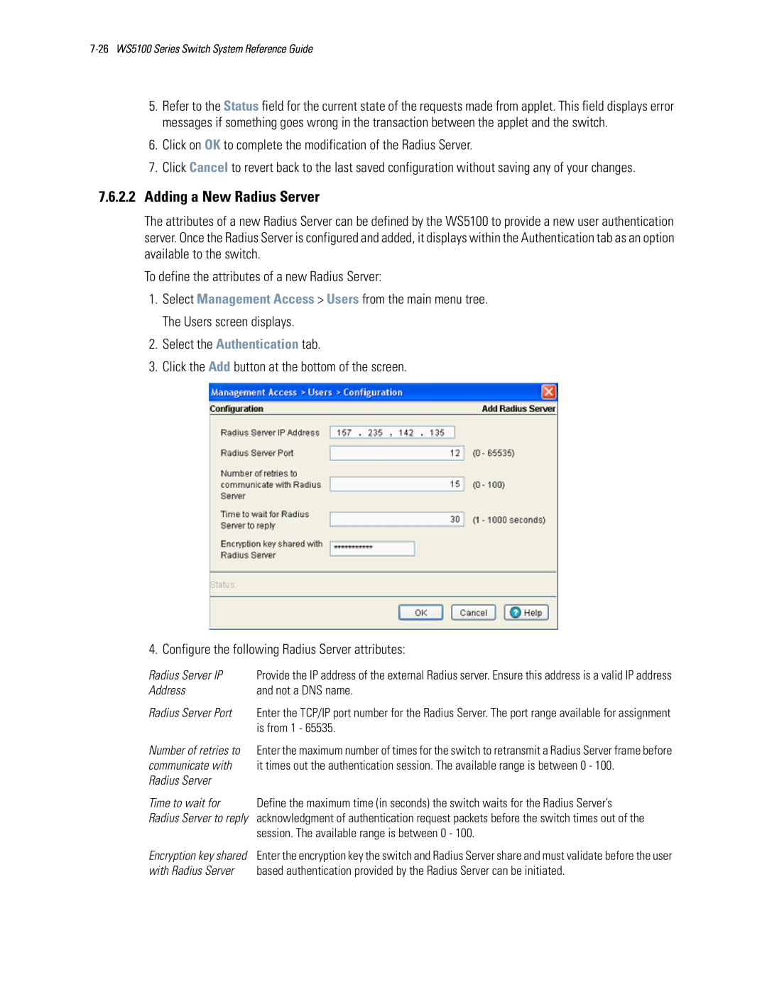 Motorola WS5100 manual 7.6.2.2Adding a New Radius Server 