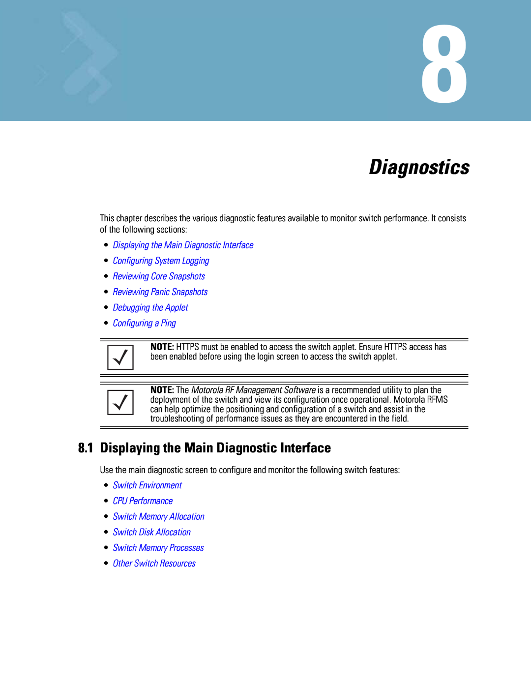 Motorola WS5100 manual Diagnostics, •Displaying the Main Diagnostic Interface, •Configuring System Logging 